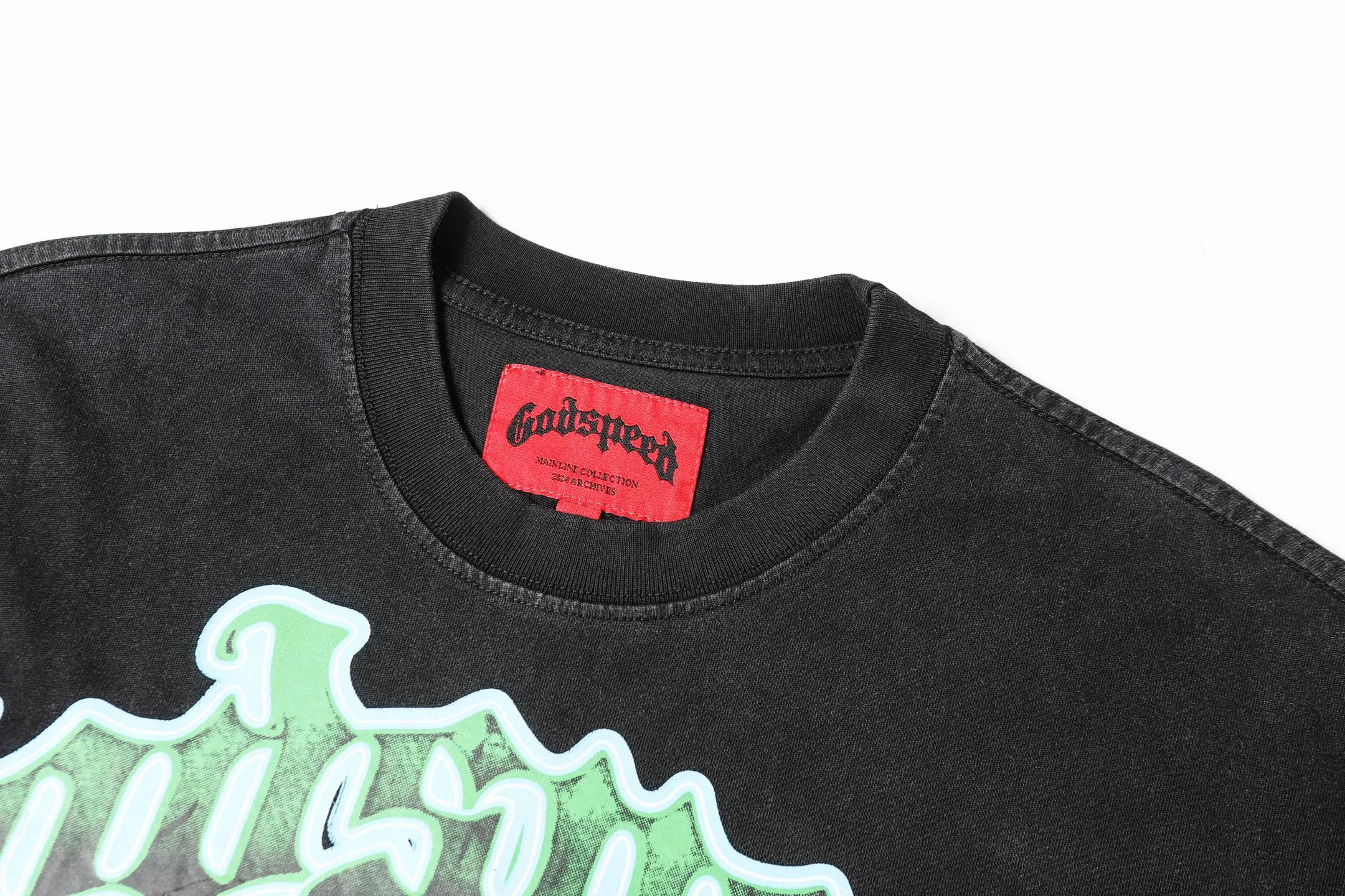 6016#washed black｜P116 Godspeed cross-border American rock and roll street washed retro style short-sleeved T (craft printing) fabric (fabric): 32 count combed double yarn 250g weight code number (size): S-M-L-XL color (colour): washed black