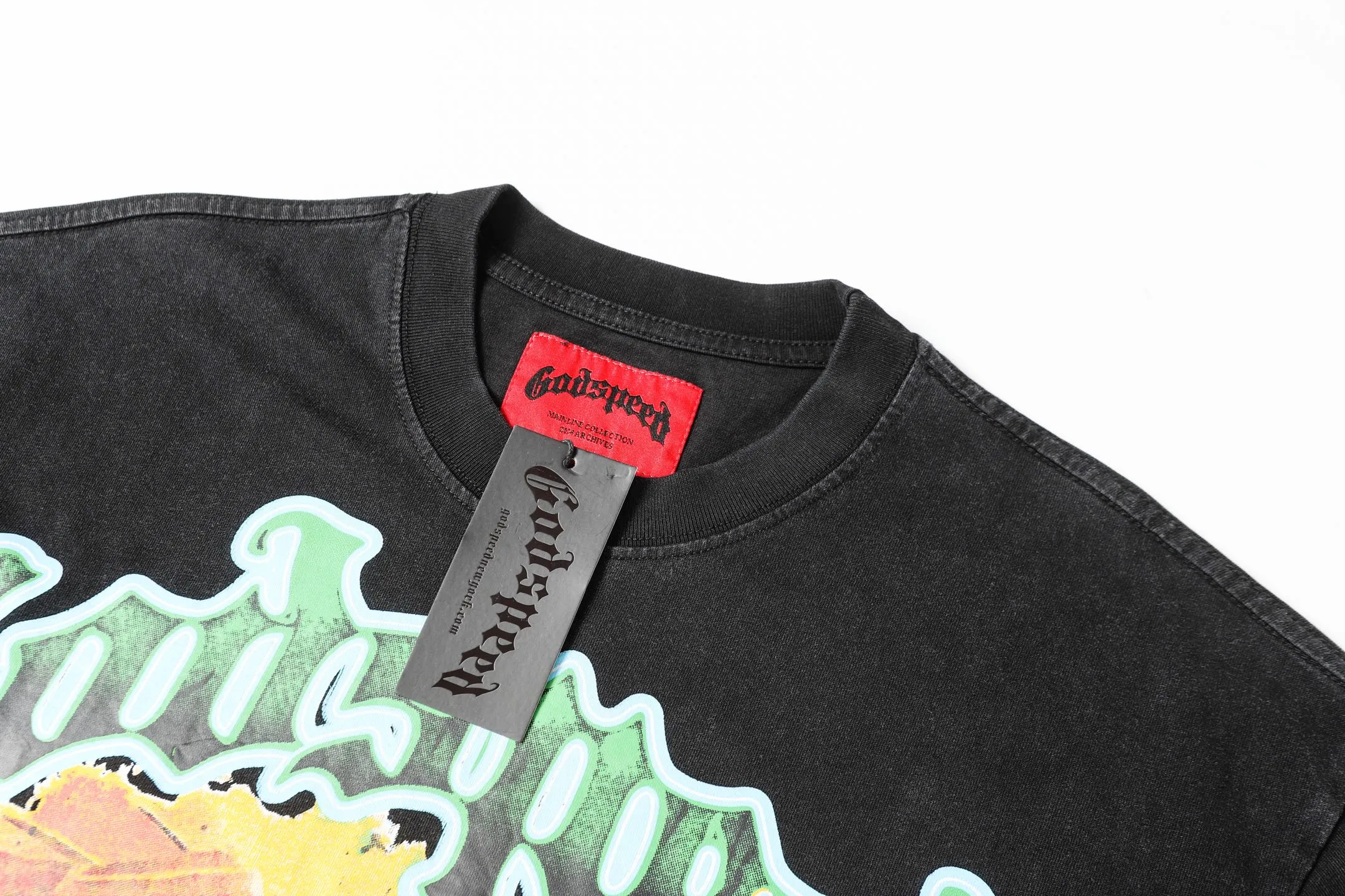 6016#washed black｜P116 Godspeed cross-border American rock and roll street washed retro style short-sleeved T (craft printing) fabric (fabric): 32 count combed double yarn 250g weight code number (size): S-M-L-XL color (colour): washed black