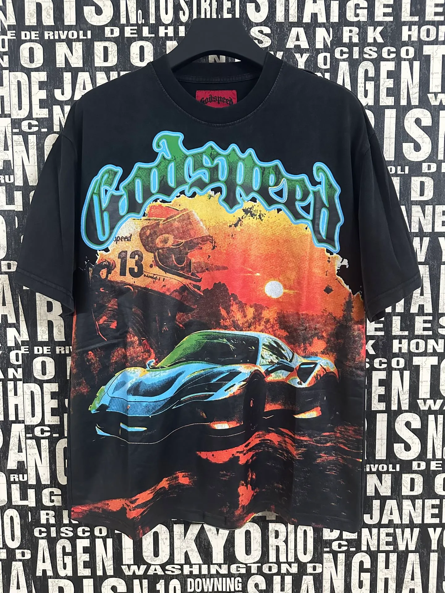 6016#washed black｜P116 Godspeed cross-border American rock and roll street washed retro style short-sleeved T (craft printing) fabric (fabric): 32 count combed double yarn 250g weight code number (size): S-M-L-XL color (colour): washed black