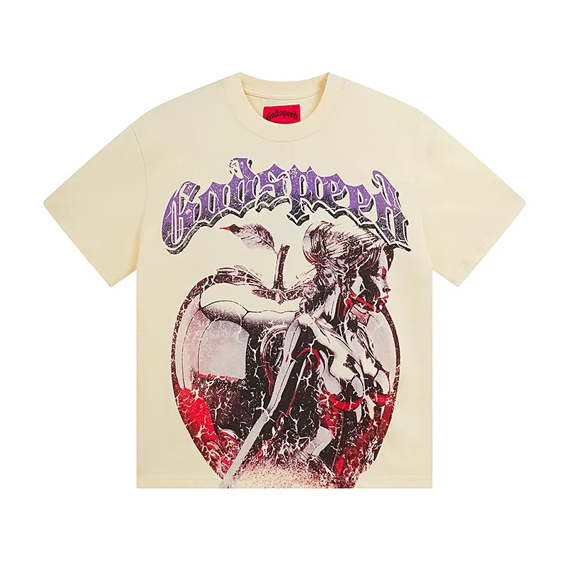 3081# P110 Real shot Godspeed American fashion rock street retro loose printed cotton short sleeves Fabric: 240g 32 count fine cotton double yarn pure cotton Color: apricot Size: S M L XL