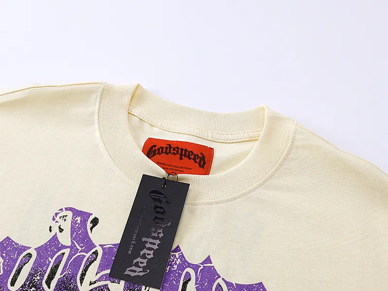 3081# P110 Real shot Godspeed American fashion rock street retro loose printed cotton short sleeves Fabric: 240g 32 count fine cotton double yarn pure cotton Color: apricot Size: S M L XL