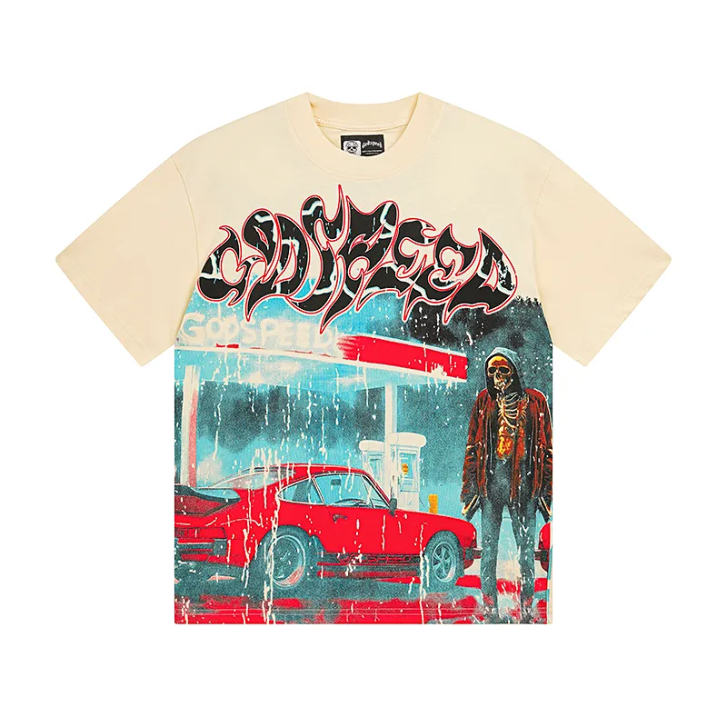 3031# P110 Real shot Godspeed American fashion rock street retro loose printed cotton short sleeves Fabric: 240g 32 count fine cotton double yarn pure cotton Color: apricot Size: S M L XL