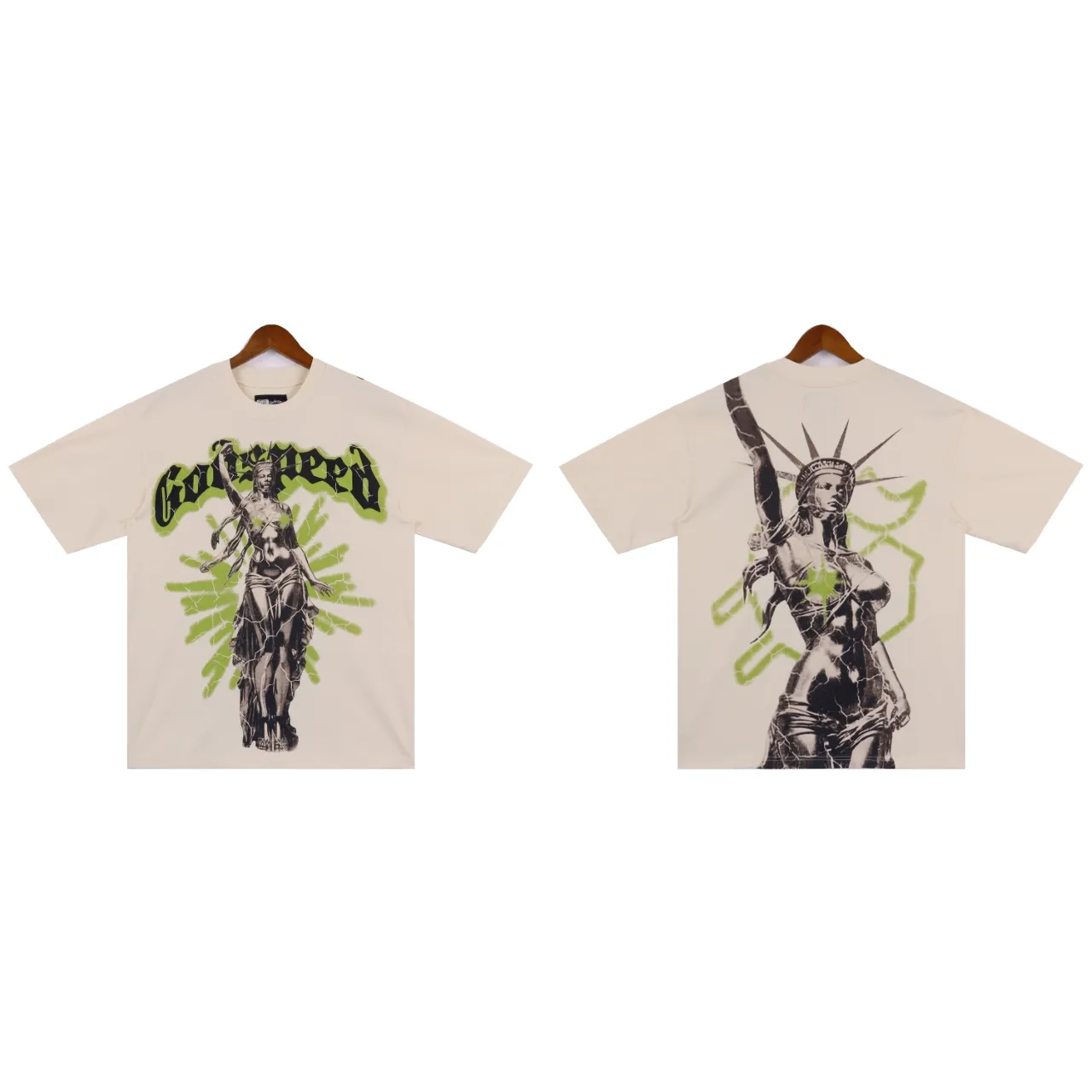 Style number: 2856 Fabric: 230g washed and distressed black P126 apricot P116 real shot spot Godspeed American fashion rock street retro washed and distressed printed cotton short sleeves Color: washed black washed apricot Size: S M L XL