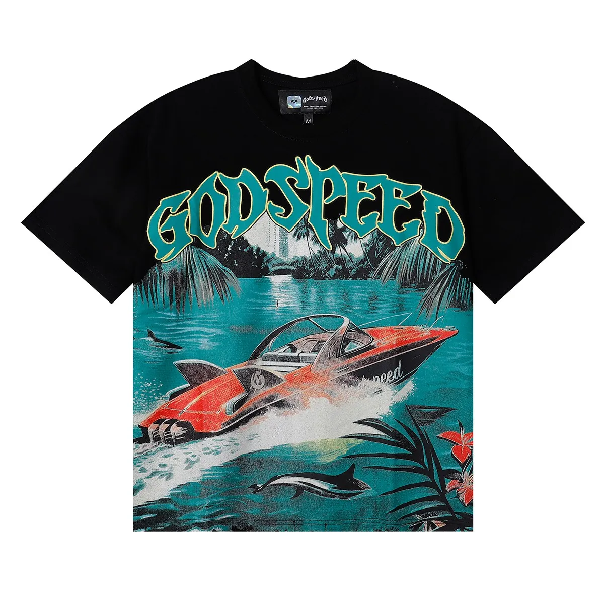 No. 7051, foreign trade beauty trend Godspeed speedboat shark small fresh color matching printed high-quality double yarn pure cotton round neck short-sleeved T-shirt batch 110 Color: black, white; Size: S M L XL