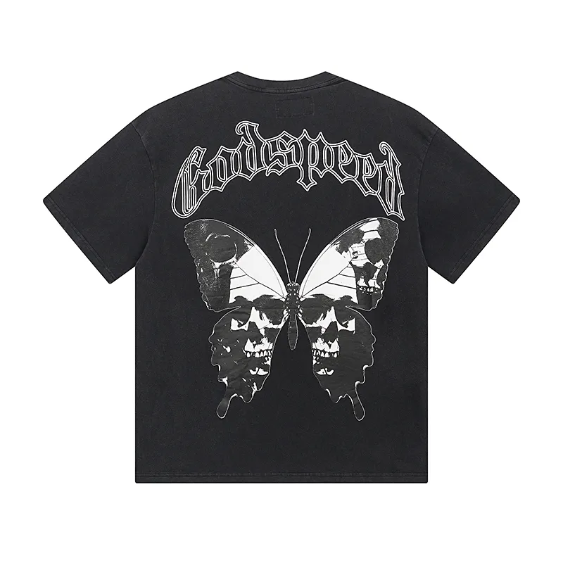 1026# P126 Washed Black Real Shot Godspeed American Fashion Rock Street Retro Washed Distressed Printed Cotton Short Sleeves Fabric: 250g 32 Count Fine Cotton Double Yarn Pure Cotton Color: Washed Black Size: S M L XL