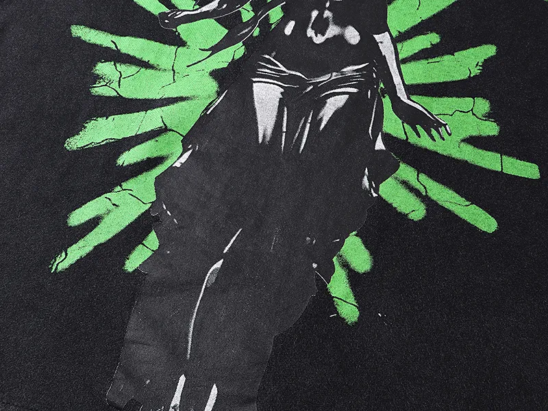 1061# P126 Washed Black Real Shot Godspeed American Fashion Rock Street Retro Washed Distressed Printed Cotton Short Sleeves Fabric: 250g 32 Count Fine Cotton Double Yarn Pure Cotton Color: Washed Black Size: S M L XL