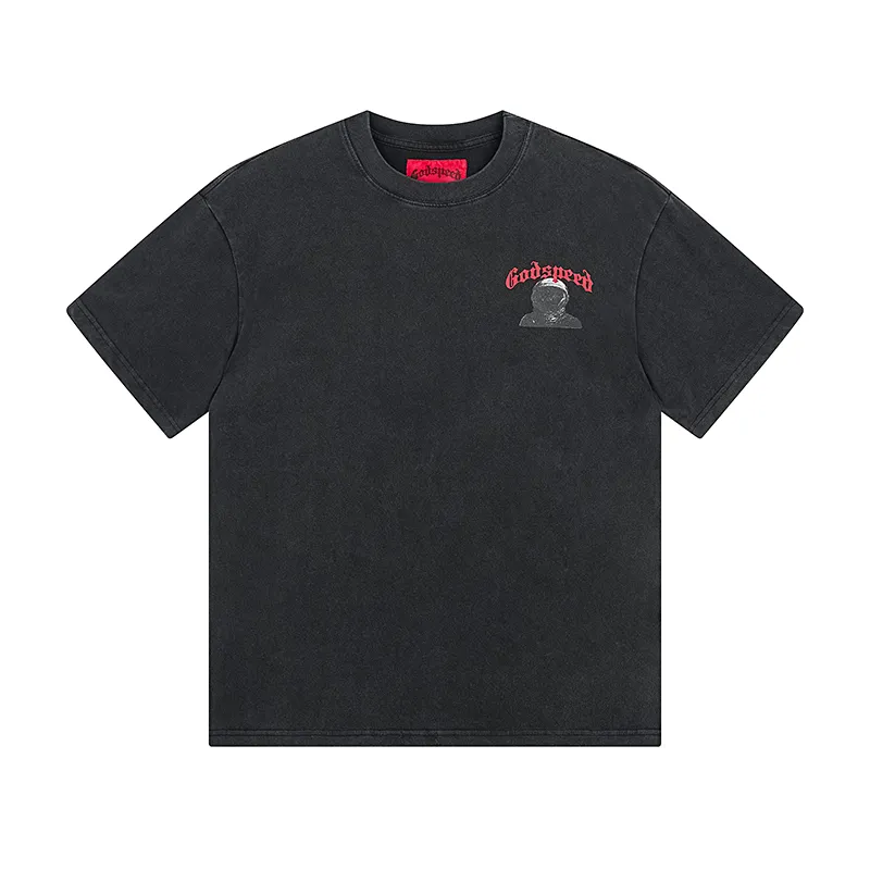 1082# P126 Washed Black Real Shot Godspeed American Fashion Rock Street Retro Washed Distressed Printed Pure Cotton Short Sleeves Fabric: 250g 32 Count Fine Cotton Double Yarn Pure Cotton Color: Washed Black Size: S M L XL