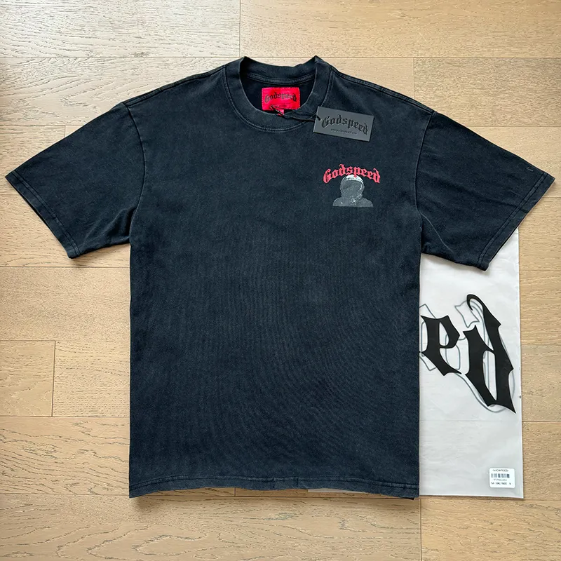 1082# P126 Washed Black Real Shot Godspeed American Fashion Rock Street Retro Washed Distressed Printed Pure Cotton Short Sleeves Fabric: 250g 32 Count Fine Cotton Double Yarn Pure Cotton Color: Washed Black Size: S M L XL