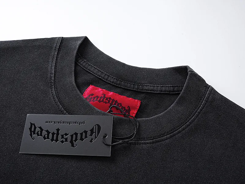 1082# P126 Washed Black Real Shot Godspeed American Fashion Rock Street Retro Washed Distressed Printed Pure Cotton Short Sleeves Fabric: 250g 32 Count Fine Cotton Double Yarn Pure Cotton Color: Washed Black Size: S M L XL