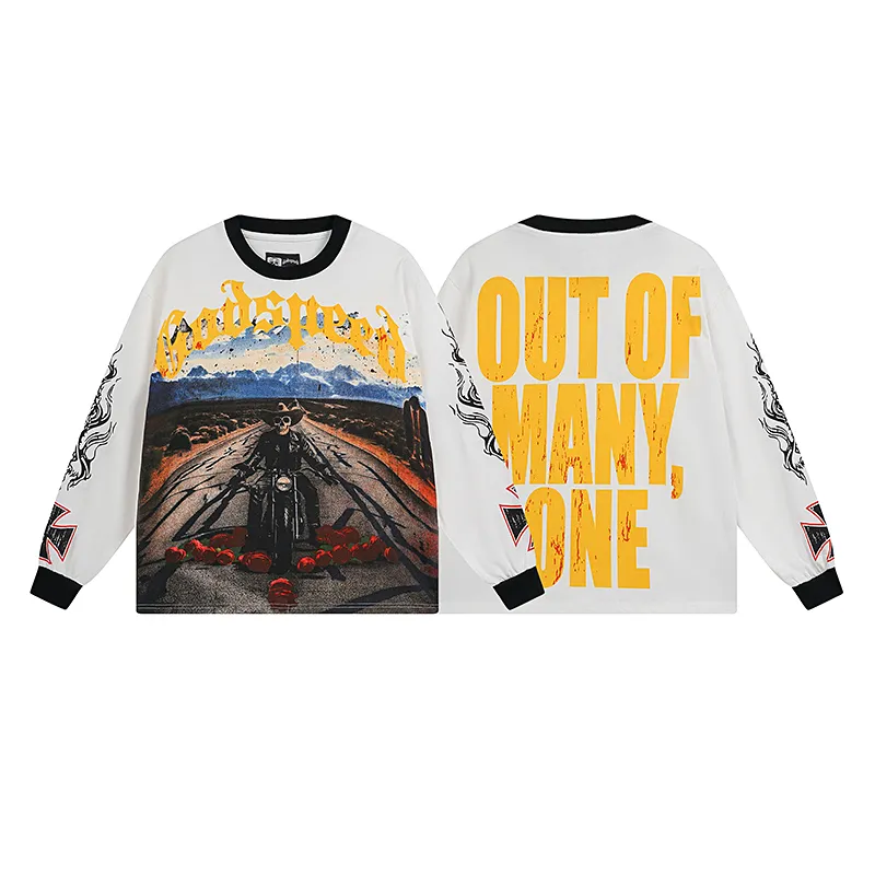 3100# P140 Real shot Godspeed American fashion rock street pure cotton loose bottoming long-sleeved T-shirt long T Fabric: 270g 32 count fine cotton double yarn pure cotton Color: off-white Size: S M L XL