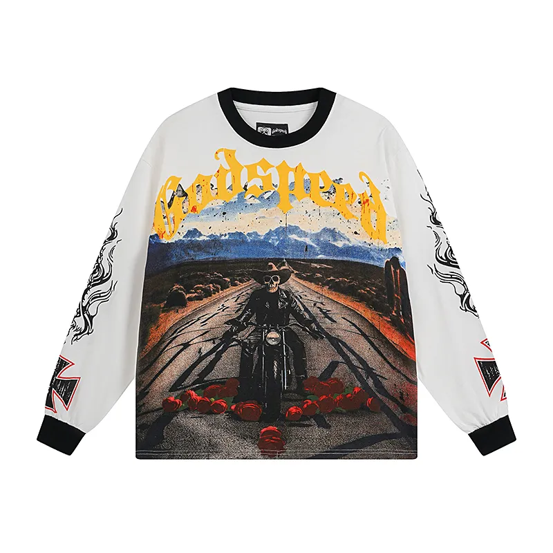 3100# P140 Real shot Godspeed American fashion rock street pure cotton loose bottoming long-sleeved T-shirt long T Fabric: 270g 32 count fine cotton double yarn pure cotton Color: off-white Size: S M L XL