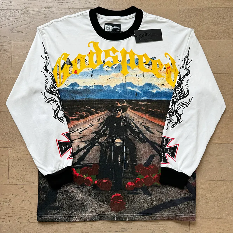 3100# P140 Real shot Godspeed American fashion rock street pure cotton loose bottoming long-sleeved T-shirt long T Fabric: 270g 32 count fine cotton double yarn pure cotton Color: off-white Size: S M L XL