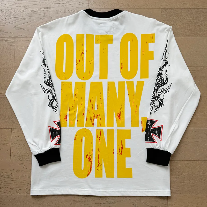 3100# P140 Real shot Godspeed American fashion rock street pure cotton loose bottoming long-sleeved T-shirt long T Fabric: 270g 32 count fine cotton double yarn pure cotton Color: off-white Size: S M L XL