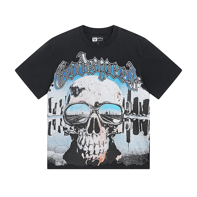 1037# P126 Washed Black Real Shot Godspeed American Fashion Rock Street Retro Washed Distressed Printed Pure Cotton Short Sleeves Fabric: 250g 32 Count Fine Cotton Double Yarn Pure Cotton Color: Washed Black Size: S M L XL