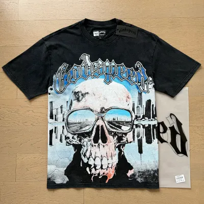 1037# P126 Washed Black Real Shot Godspeed American Fashion Rock Street Retro Washed Distressed Printed Pure Cotton Short Sleeves Fabric: 250g 32 Count Fine Cotton Double Yarn Pure Cotton Color: Washed Black Size: S M L XL