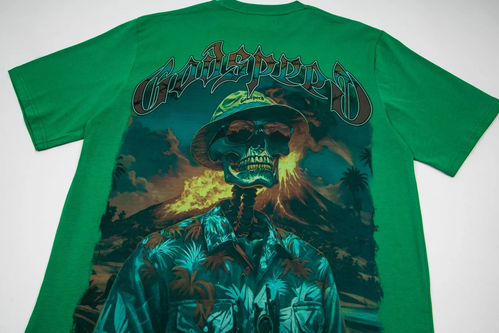 G62# GodSpeed ​​White Ink Direct Print Short Sleeve S-XL Size Washed Black P126 Green P116 Yellow P116