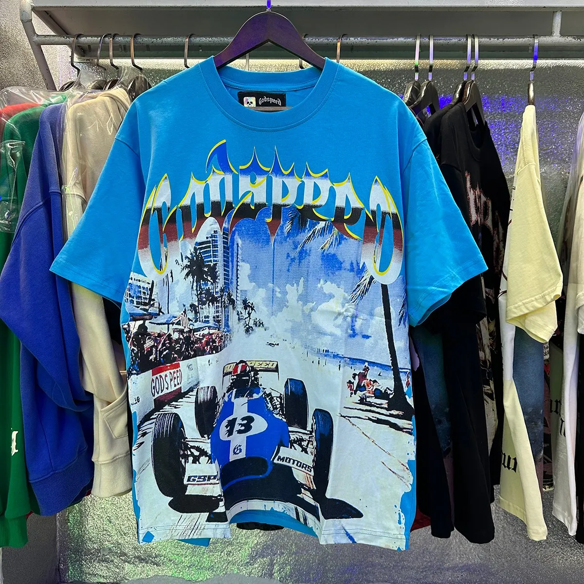 Actual photo, No. 7078, Mechao Godspeed beach road racing print high quality double yarn pure cotton casual short-sleeved T-shirt batch 110 Color: black, blue; Size: S M L XL