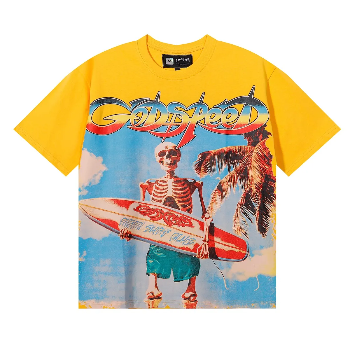 No. 7073, Mechao Godspeed beach skull surfboard print high quality double yarn pure cotton casual short-sleeved T-shirt batch 110 Color: black, white, yellow; Size: S M L XL