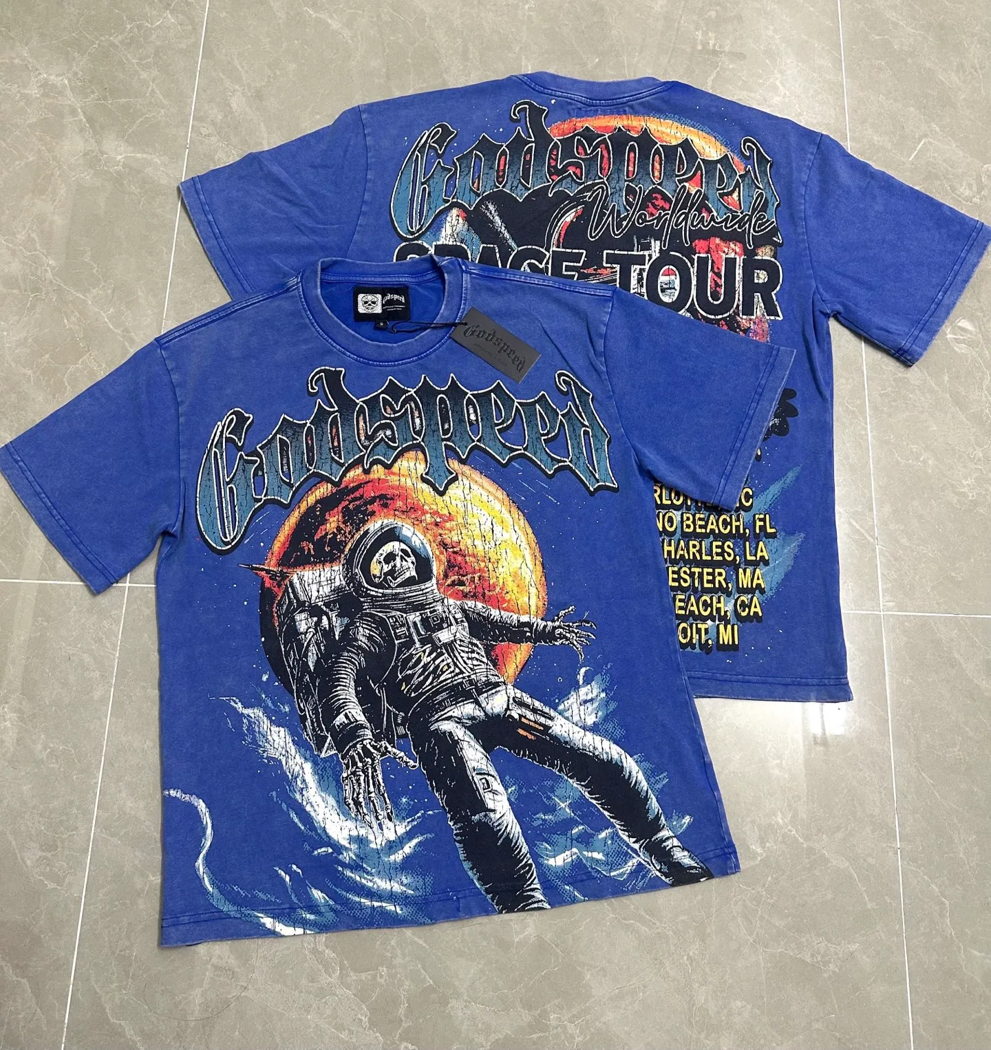 6131# Washed Vintage Klein Blue I P116 Real Spot (American Trendy Niche) Godspeed Cross-Border American Rock Street Washed Retro Style Short Sleeve T (Craft Printing) Fabric (fabric): 32 Count Combed Double Yarn 250g Weight Code Number (size): S-M-L-XL Color (colour): Washed Klein Blue