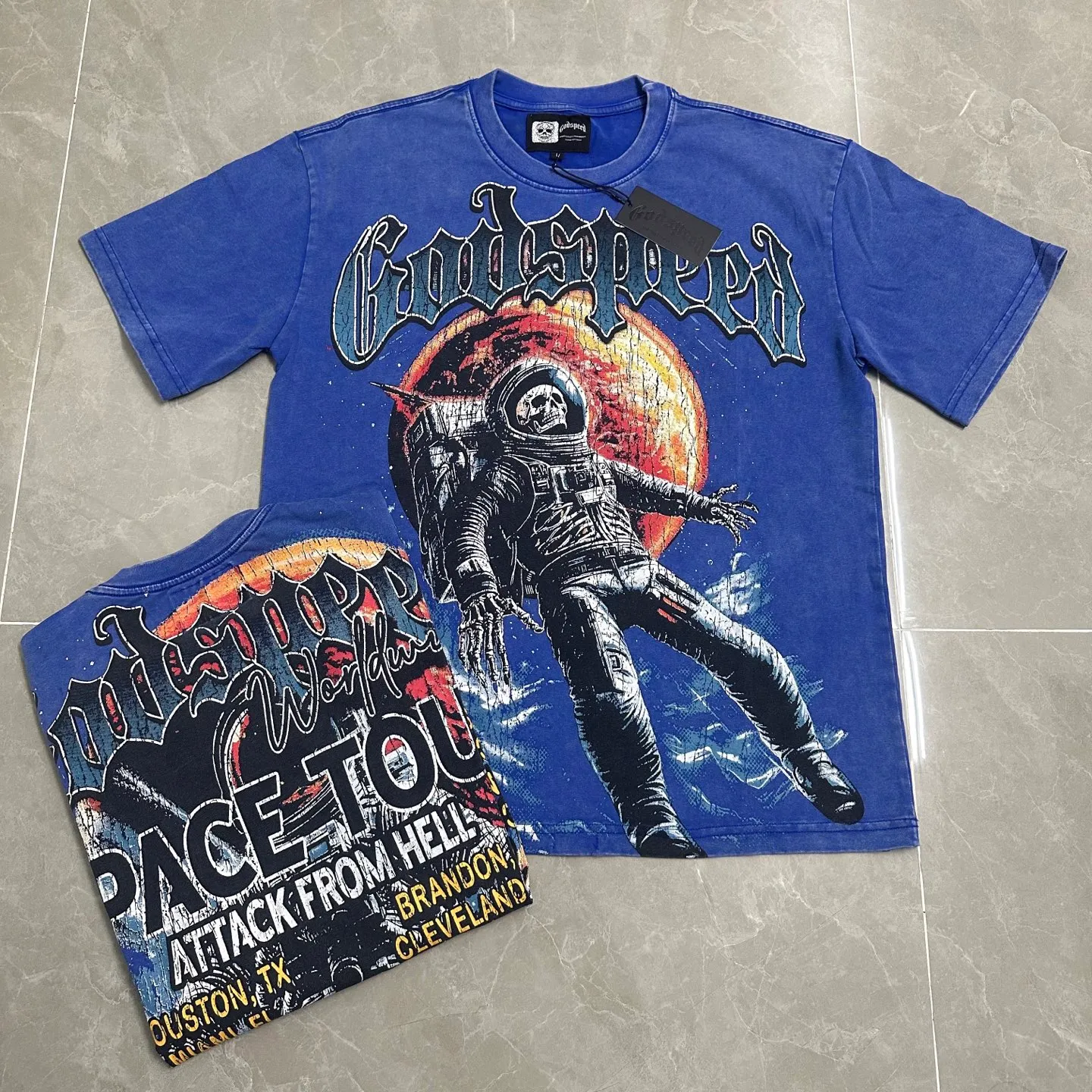6131# Washed Vintage Klein Blue I P116 Real Spot (American Trendy Niche) Godspeed Cross-Border American Rock Street Washed Retro Style Short Sleeve T (Craft Printing) Fabric (fabric): 32 Count Combed Double Yarn 250g Weight Code Number (size): S-M-L-XL Color (colour): Washed Klein Blue