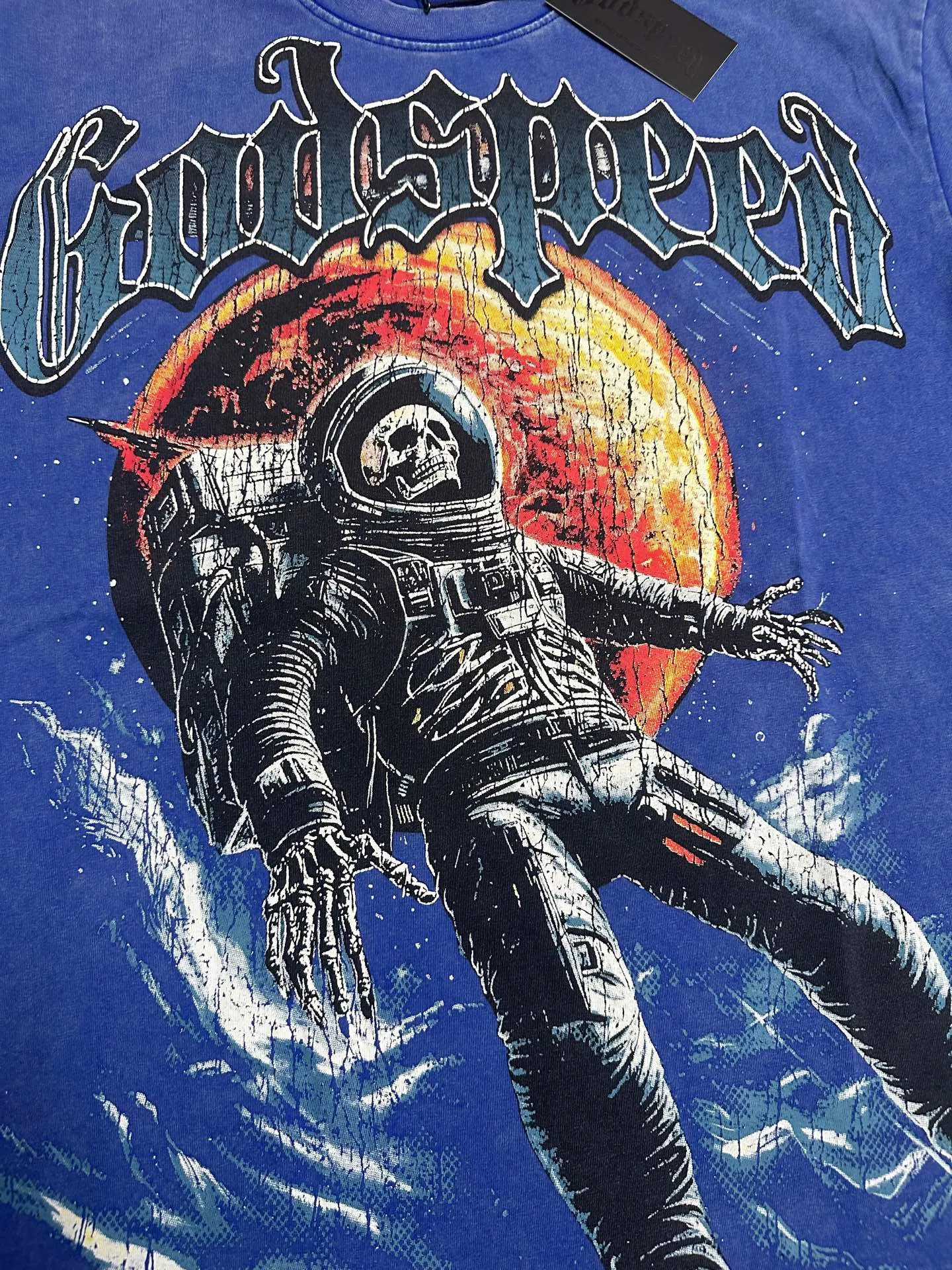 6131# Washed Vintage Klein Blue I P116 Real Spot (American Trendy Niche) Godspeed Cross-Border American Rock Street Washed Retro Style Short Sleeve T (Craft Printing) Fabric (fabric): 32 Count Combed Double Yarn 250g Weight Code Number (size): S-M-L-XL Color (colour): Washed Klein Blue