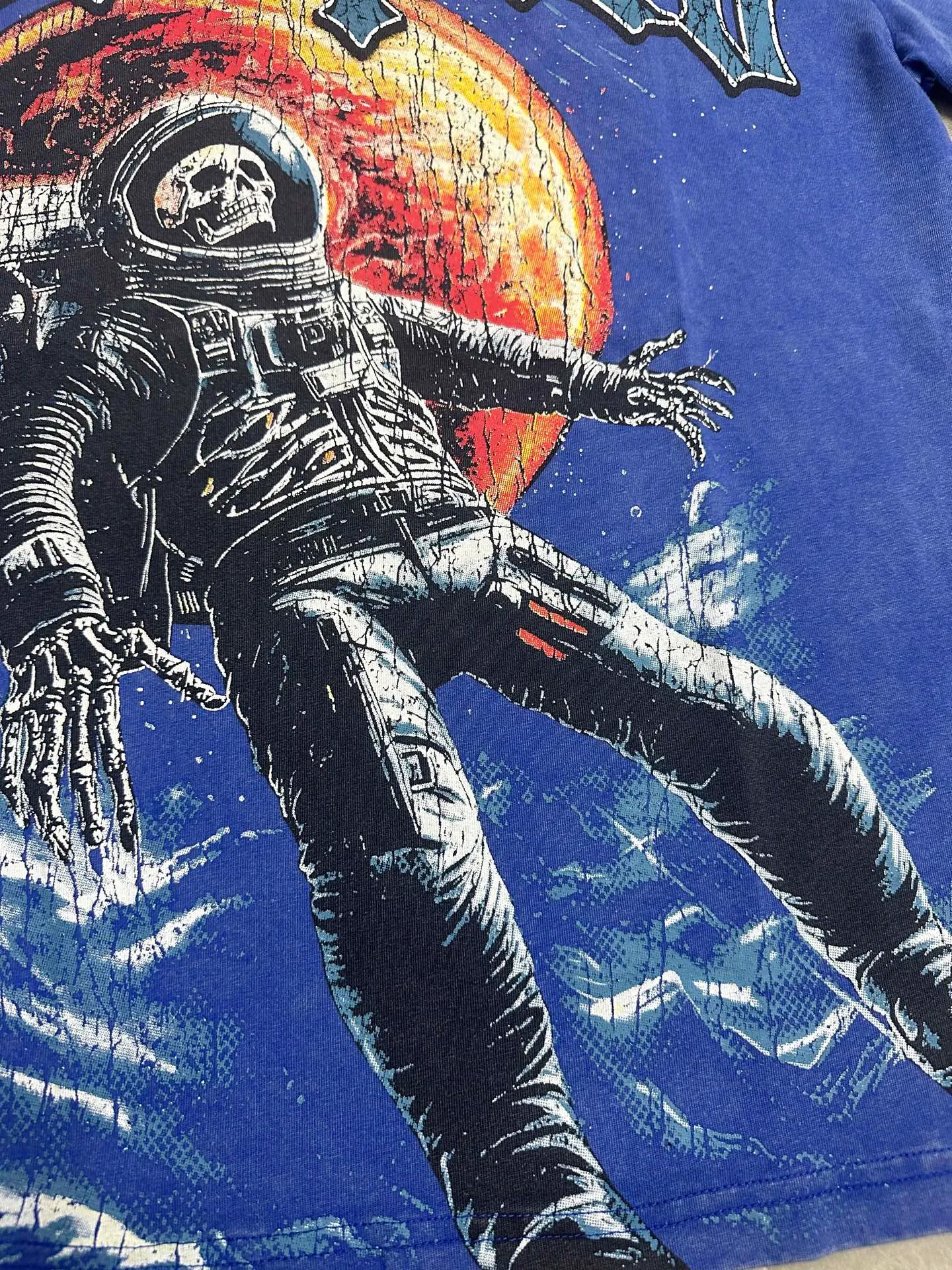 6131# Washed Vintage Klein Blue I P116 Real Spot (American Trendy Niche) Godspeed Cross-Border American Rock Street Washed Retro Style Short Sleeve T (Craft Printing) Fabric (fabric): 32 Count Combed Double Yarn 250g Weight Code Number (size): S-M-L-XL Color (colour): Washed Klein Blue