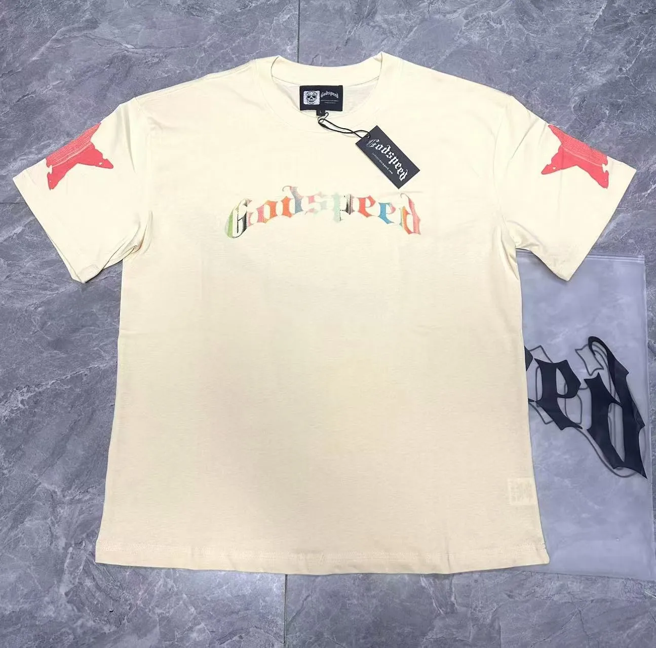 5097#Apricot | P104 Godspeed cross-border American rock and roll street washed retro style short-sleeved T (craft printing) fabric (fabric) 32 counts combed double yarn 240 grams weight code number (size): S-M-L-XL color (colour): apricot