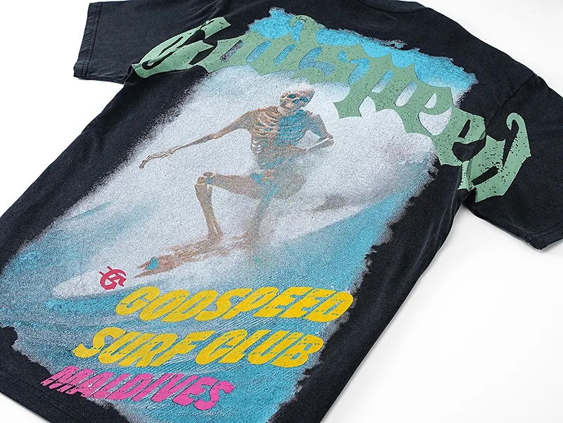 1056# P126 Washed Black Real Shot Godspeed American Fashion Rock Street Retro Washed Distressed Printed Pure Cotton Short Sleeves Fabric: 250g 32 Count Fine Cotton Double Yarn Pure Cotton Color: Washed Black Size: S M L XL