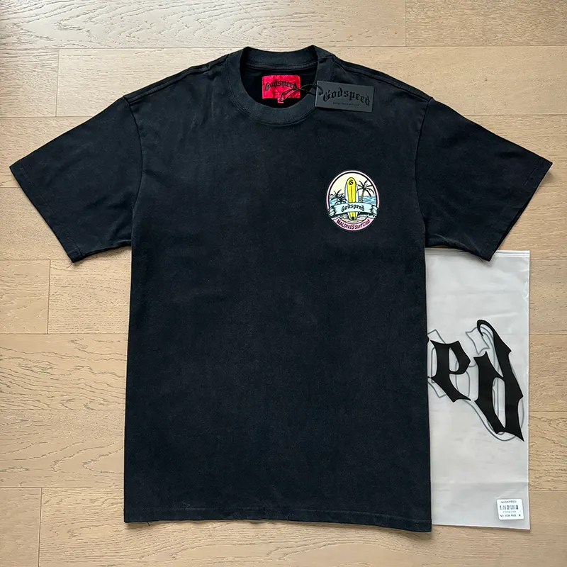 1056# P126 Washed Black Real Shot Godspeed American Fashion Rock Street Retro Washed Distressed Printed Pure Cotton Short Sleeves Fabric: 250g 32 Count Fine Cotton Double Yarn Pure Cotton Color: Washed Black Size: S M L XL