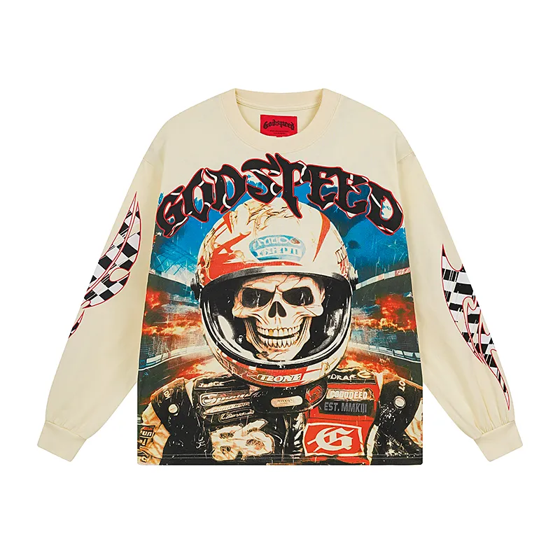 3102# P140 Real shot of Godspeed American fashion rock street pure cotton loose bottoming long-sleeved T-shirt long T. Fabric: 270g 32 count fine cotton double yarn pure cotton Color: Apricot Code number: S M L XL