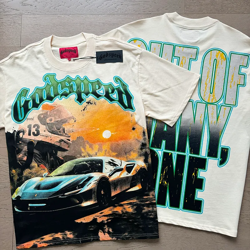 3002# P110 Real shot Godspeed American fashion rock street retro loose printed cotton short sleeves Fabric: 240g 32 count fine cotton double yarn pure cotton Color: apricot Size: S M L XL