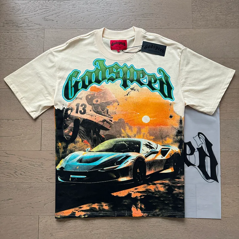 3002# P110 Real shot Godspeed American fashion rock street retro loose printed cotton short sleeves Fabric: 240g 32 count fine cotton double yarn pure cotton Color: apricot Size: S M L XL