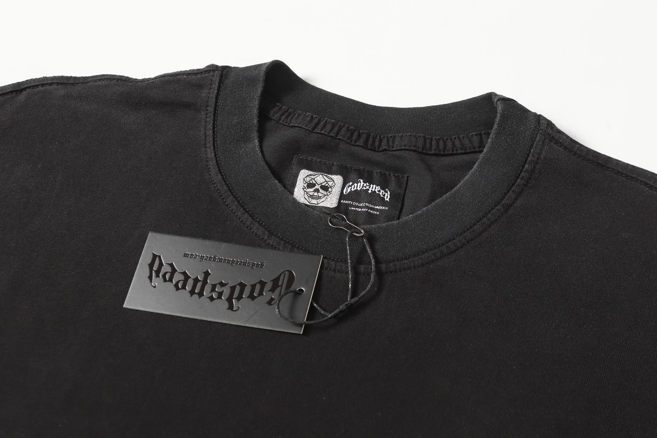 6077#washed black | P116 Godspeed cross-border American rock and roll street washed retro style short-sleeved T (craft printing) fabric (fabric): 32 count combed double yarn 250g weight code number (size): S-M-L-XL color (colour): washed black