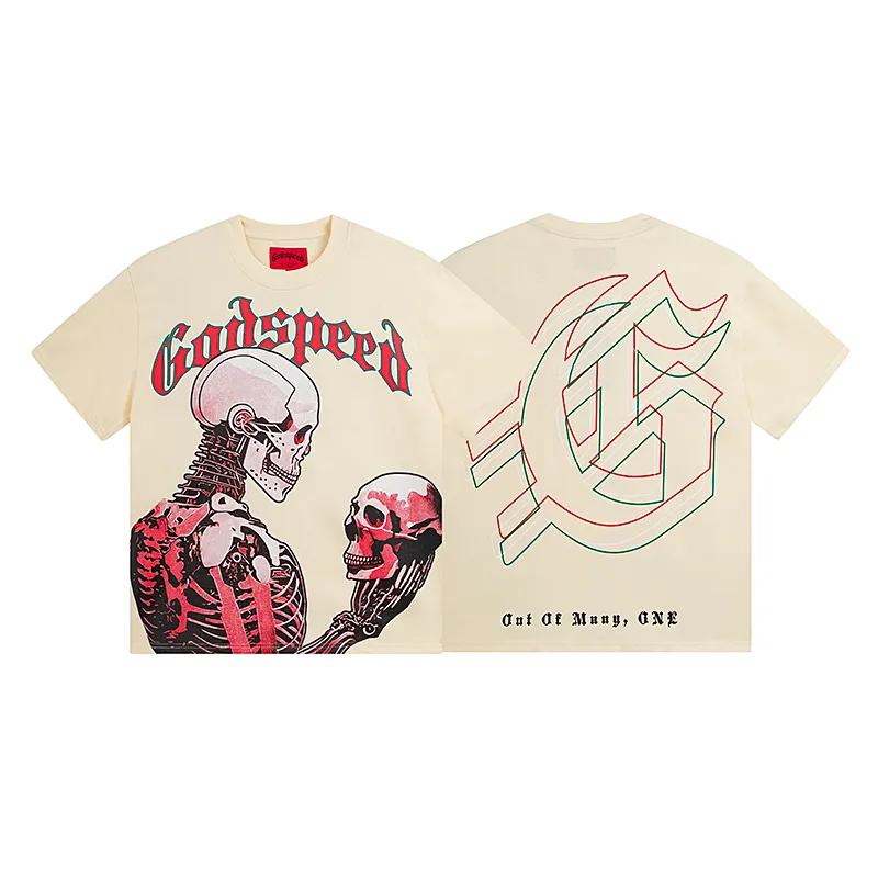 3060# P110 Real shot Godspeed American fashion rock street retro loose printed cotton short sleeves Fabric: 240g 32 count fine cotton double yarn pure cotton Color: apricot Size: S M L XL