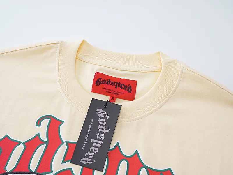 3060# P110 Real shot Godspeed American fashion rock street retro loose printed cotton short sleeves Fabric: 240g 32 count fine cotton double yarn pure cotton Color: apricot Size: S M L XL