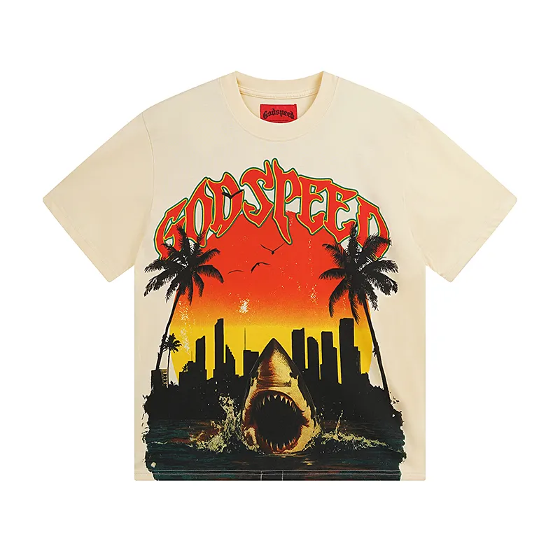 3068# P110 Real shot Godspeed American fashion rock street retro loose printed cotton short sleeves Fabric: 240g 32 count fine cotton double yarn pure cotton Color: apricot Size: S M L XL