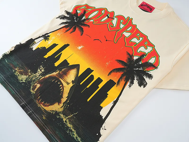 3068# P110 Real shot Godspeed American fashion rock street retro loose printed cotton short sleeves Fabric: 240g 32 count fine cotton double yarn pure cotton Color: apricot Size: S M L XL