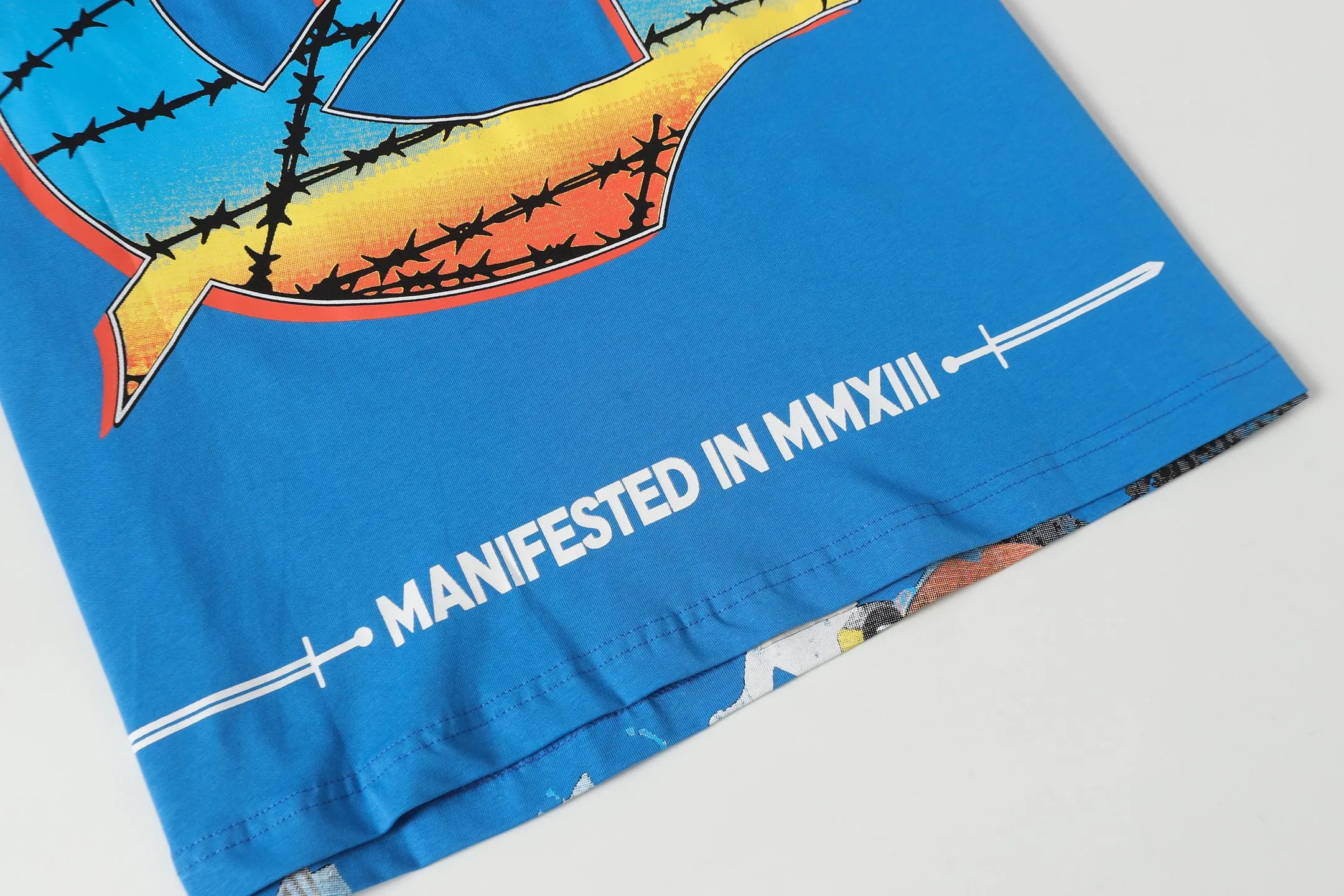 5098#Klein Blue｜P104 Godspeed cross-border American rock and roll street washed retro style short-sleeved T (craft printing) fabric (fabric): 32-count combed double yarn 240 grams weight code number (size): S-M-L-XL color (colour): Klein blue