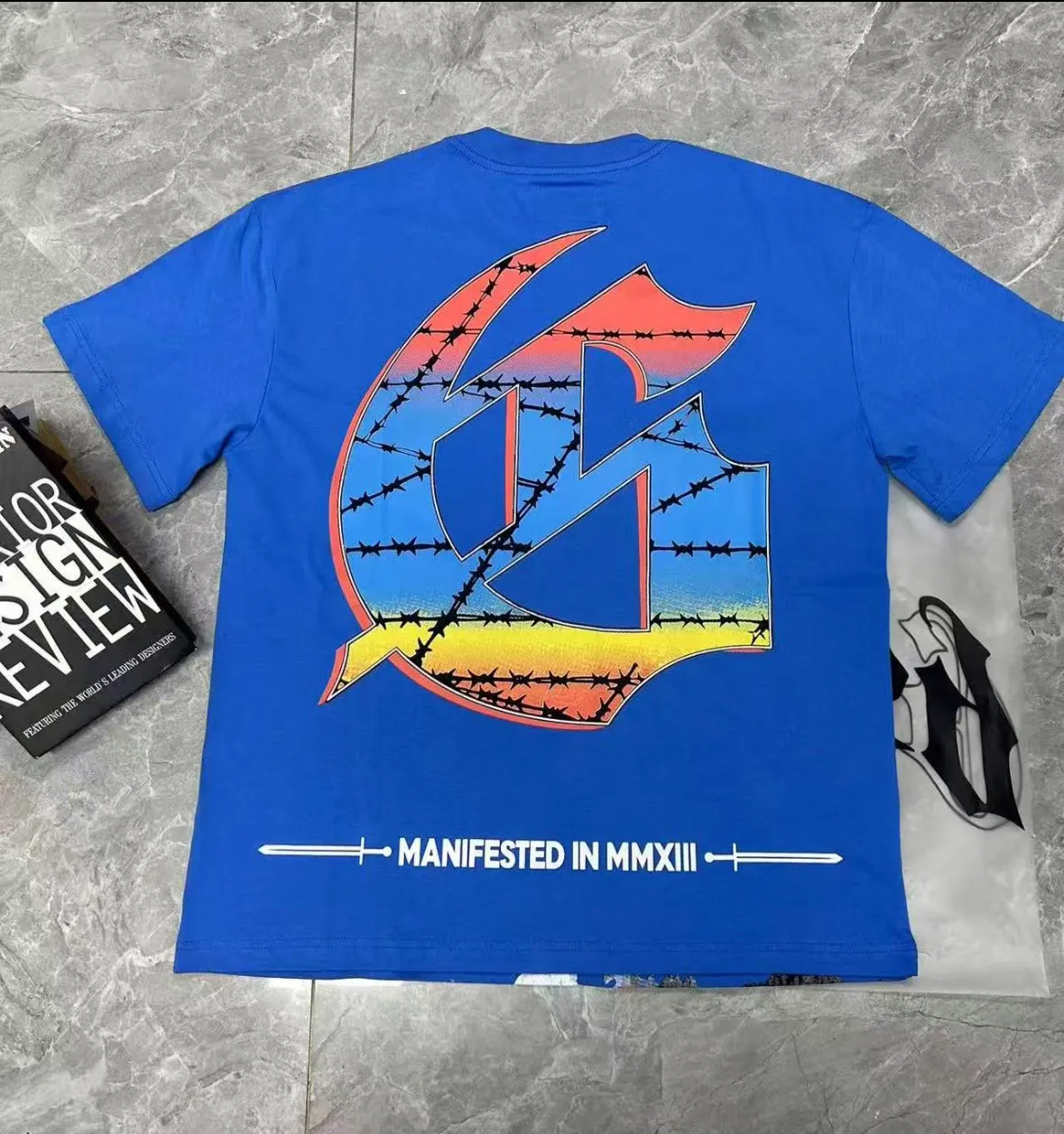 5098#Klein Blue｜P104 Godspeed cross-border American rock and roll street washed retro style short-sleeved T (craft printing) fabric (fabric): 32-count combed double yarn 240 grams weight code number (size): S-M-L-XL color (colour): Klein blue