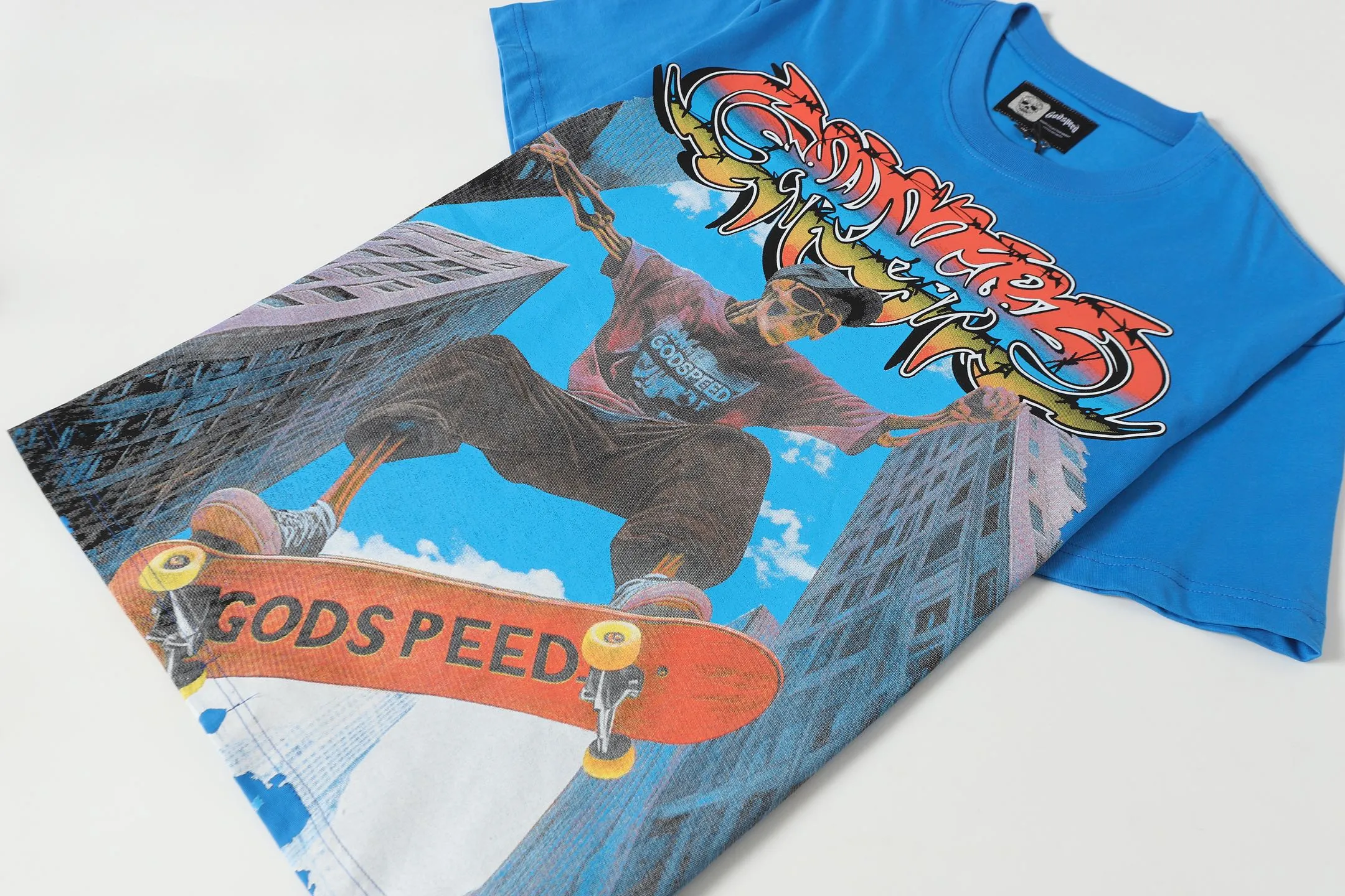 5098#Klein Blue｜P104 Godspeed cross-border American rock and roll street washed retro style short-sleeved T (craft printing) fabric (fabric): 32-count combed double yarn 240 grams weight code number (size): S-M-L-XL color (colour): Klein blue