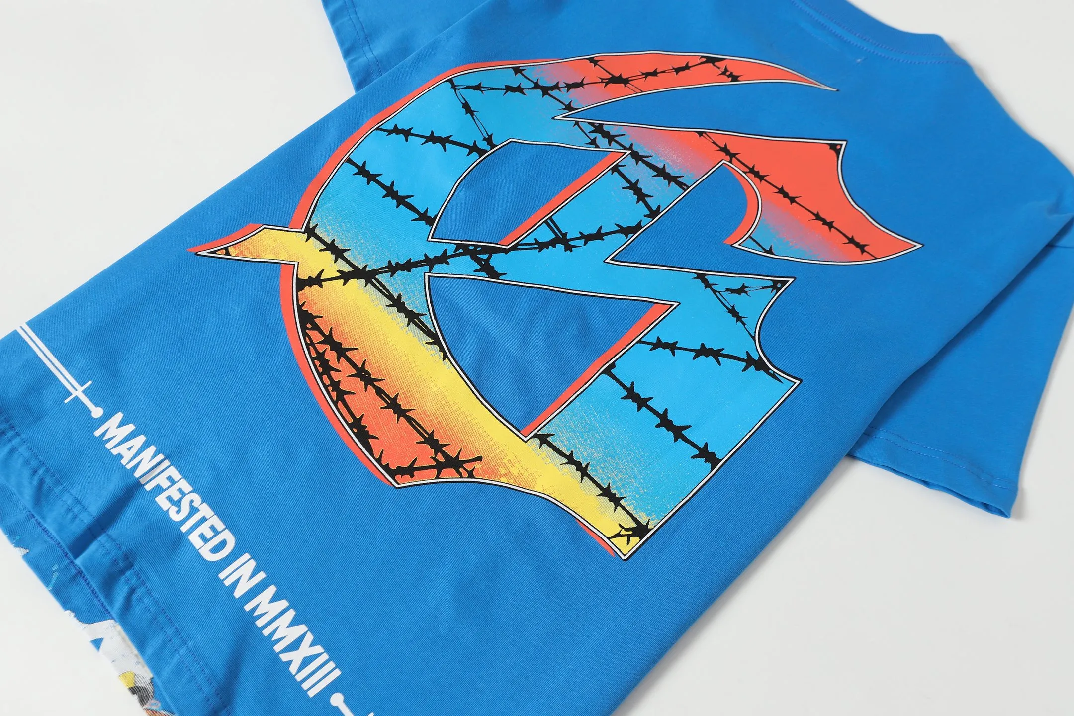 5098#Klein Blue｜P104 Godspeed cross-border American rock and roll street washed retro style short-sleeved T (craft printing) fabric (fabric): 32-count combed double yarn 240 grams weight code number (size): S-M-L-XL color (colour): Klein blue