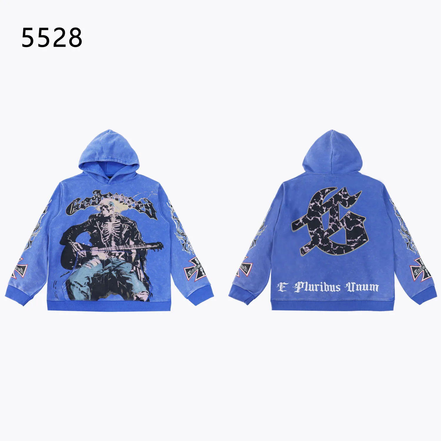 Style number: 5528 Fabric: 420g washed and distressed P196 Real shot Spot Godspeed American fashion rock street retro washed and distressed printed hooded sweatshirt Color: washed black red Size: S M L XL