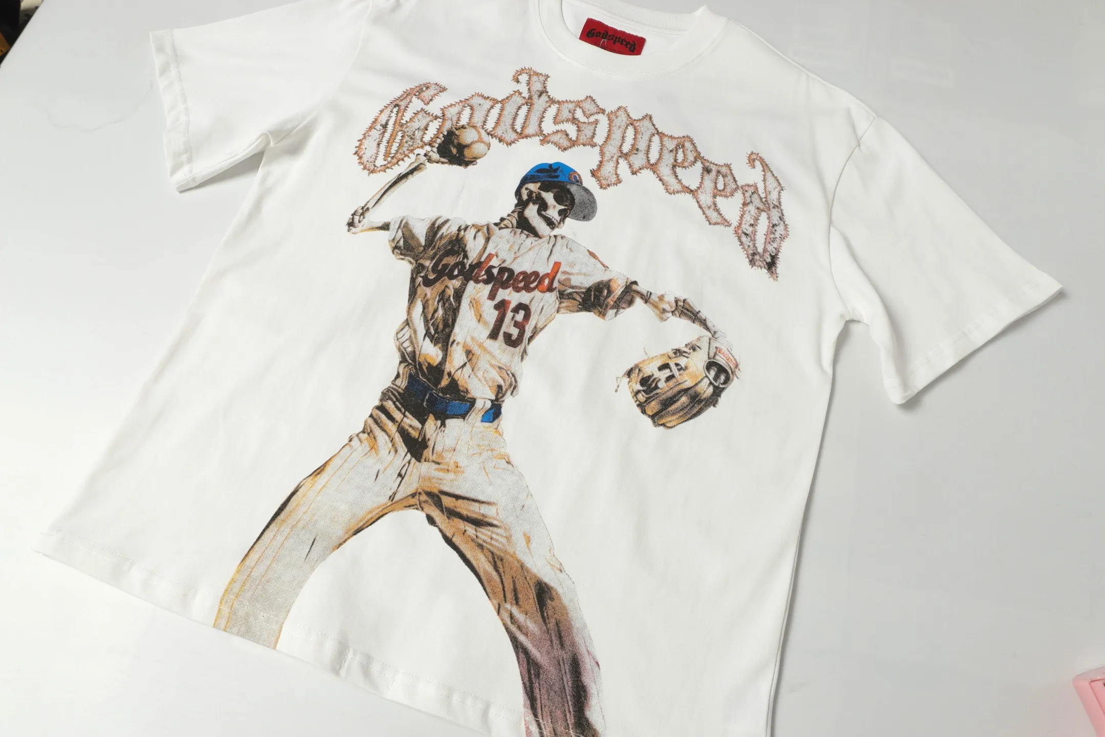 5013# white | apricot | P104 Godspeed cross-border American rock and roll street wash retro style short-sleeved T (craft print) fabric (fabric): 32 counts combed double yarn 240 grams weight code number (size): S-M-L-XL color (colour): white, apricot,