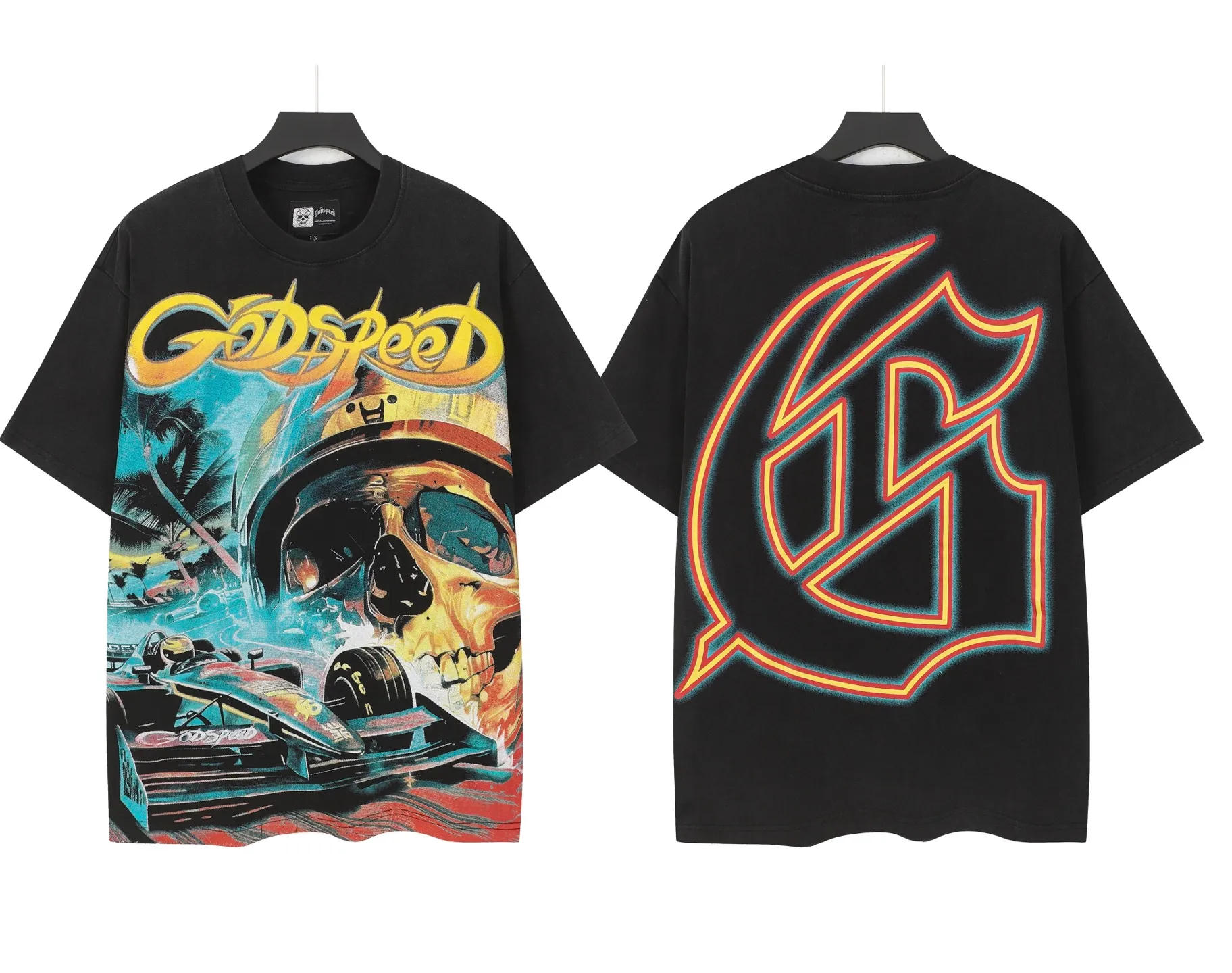 6095# washed black I P116 high-definition printing. soft touch Godspeed cross-border American rock and roll street washed retro style short-sleeved T (craft printing) fabric (fabric): 32 count combed double yarn 250 grams weight code (size): S-M-L-XL color (colour): washed black 👉 👉 👉