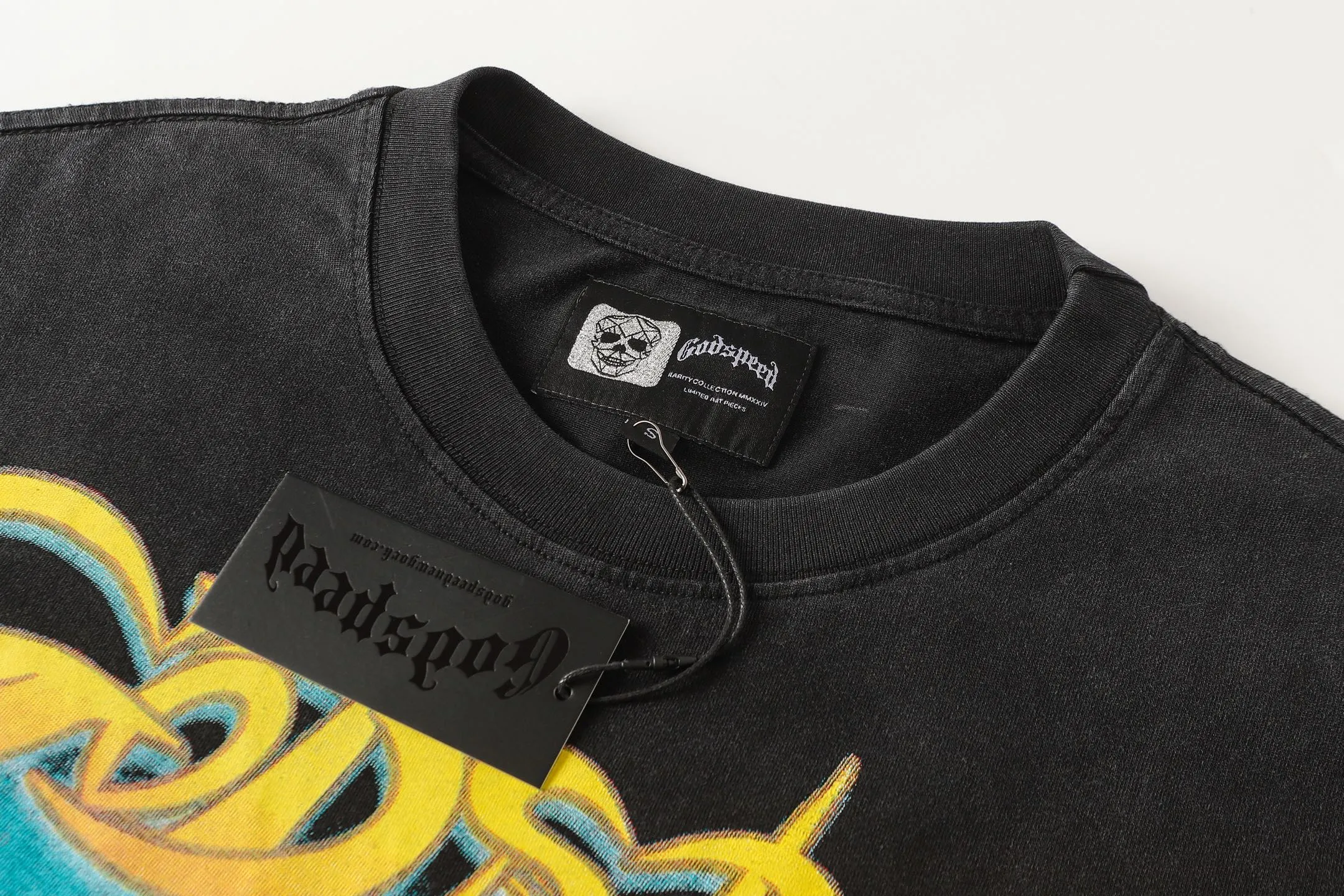 6095# washed black I P116 high-definition printing. soft touch Godspeed cross-border American rock and roll street washed retro style short-sleeved T (craft printing) fabric (fabric): 32 count combed double yarn 250 grams weight code (size): S-M-L-XL color (colour): washed black 👉 👉 👉