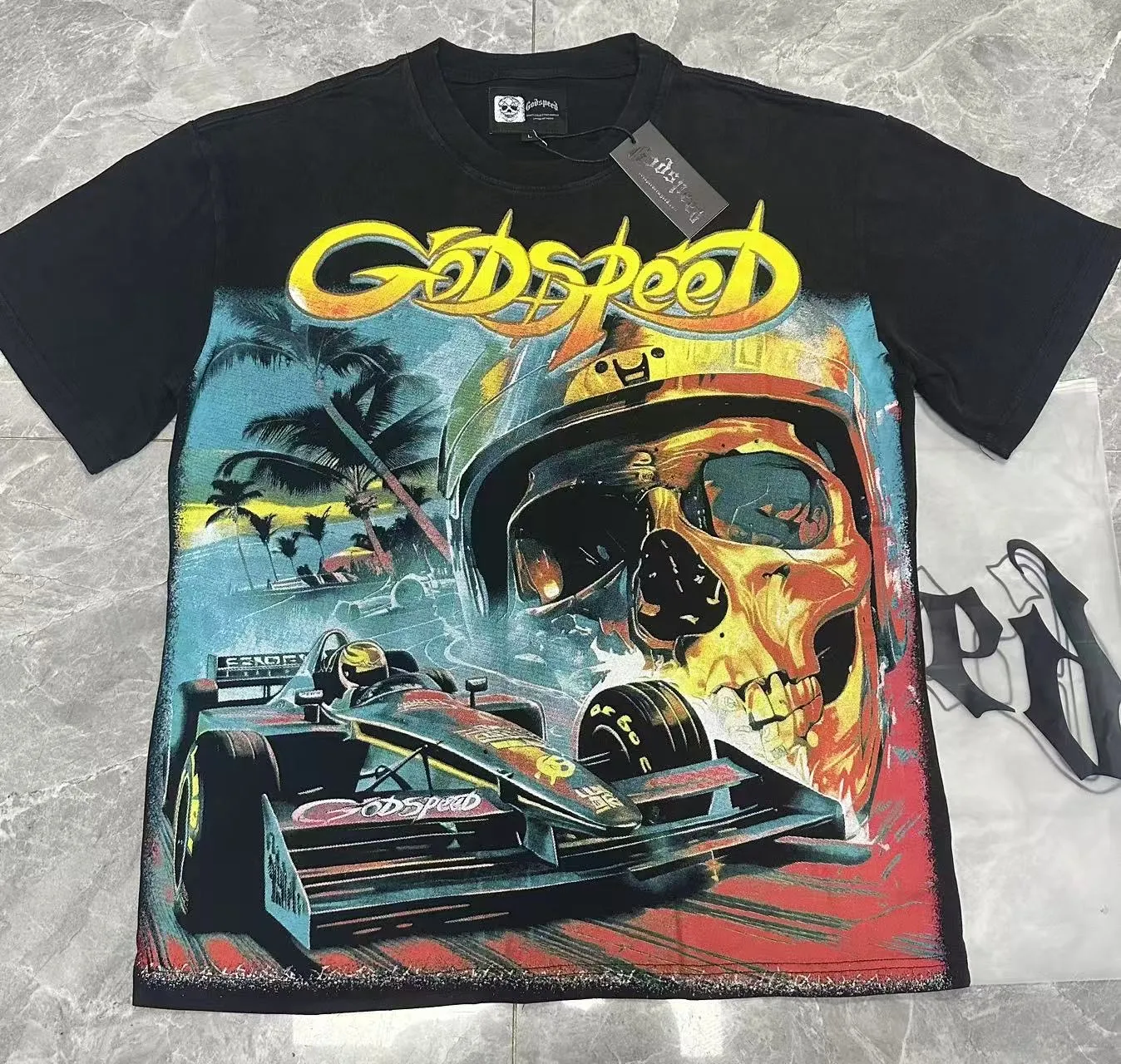 6095# washed black I P116 high-definition printing. soft touch Godspeed cross-border American rock and roll street washed retro style short-sleeved T (craft printing) fabric (fabric): 32 count combed double yarn 250 grams weight code (size): S-M-L-XL color (colour): washed black 👉 👉 👉