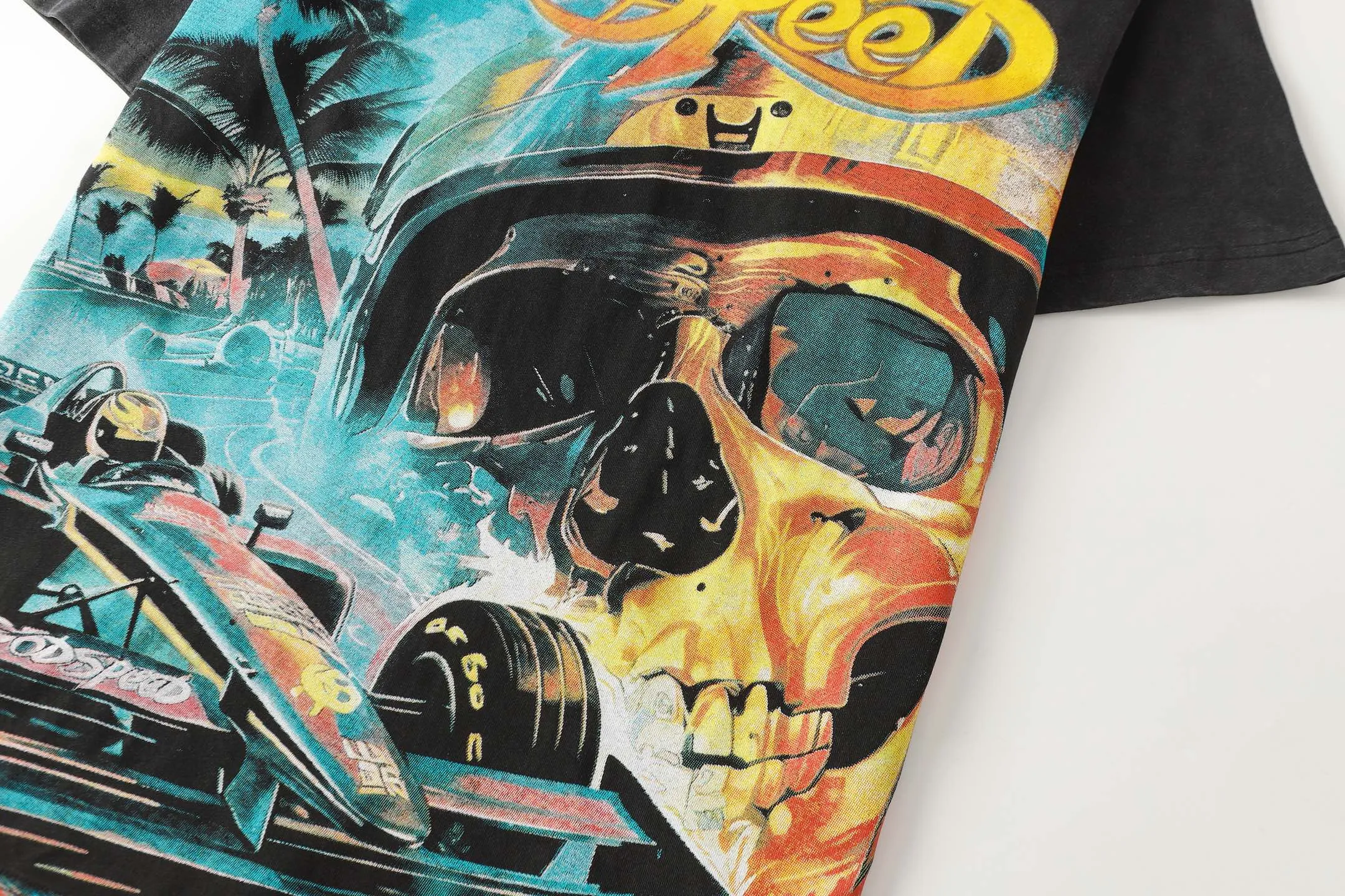 6095# washed black I P116 high-definition printing. soft touch Godspeed cross-border American rock and roll street washed retro style short-sleeved T (craft printing) fabric (fabric): 32 count combed double yarn 250 grams weight code (size): S-M-L-XL color (colour): washed black 👉 👉 👉