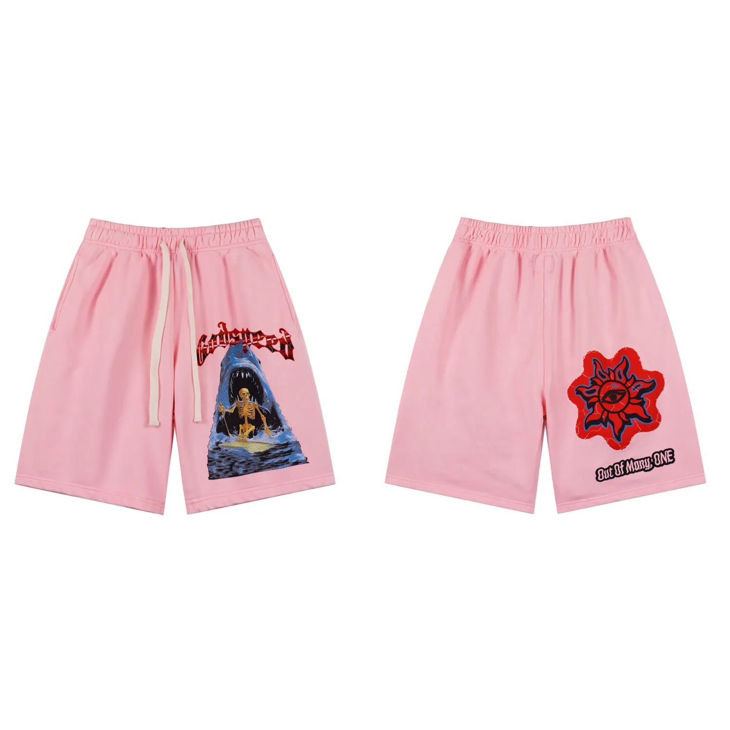 💰150 Style No.: BR 8781 Fabric: 380g washed, real shot, in stock, Godspeed printed high-quality double yarn casual trendy brand washed distressed shorts Color; washed black, washed pink Size: S M L XL