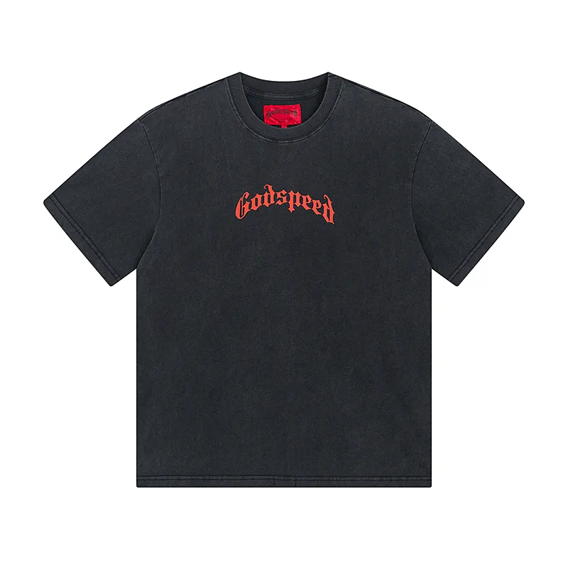 1019# P126 Washed Black Real Shot Godspeed American Fashion Rock Street Retro Washed Distressed Printed Pure Cotton Short Sleeves Fabric: 250g 32 Count Fine Cotton Double Yarn Pure Cotton Color: Washed Black Size: S M L XL