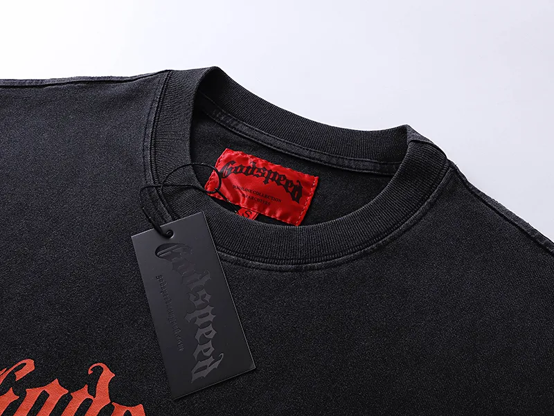 1019# P126 Washed Black Real Shot Godspeed American Fashion Rock Street Retro Washed Distressed Printed Pure Cotton Short Sleeves Fabric: 250g 32 Count Fine Cotton Double Yarn Pure Cotton Color: Washed Black Size: S M L XL